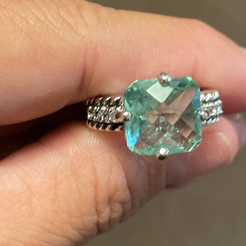 Turquoise / aqua color square stone silver ring. Size 7.